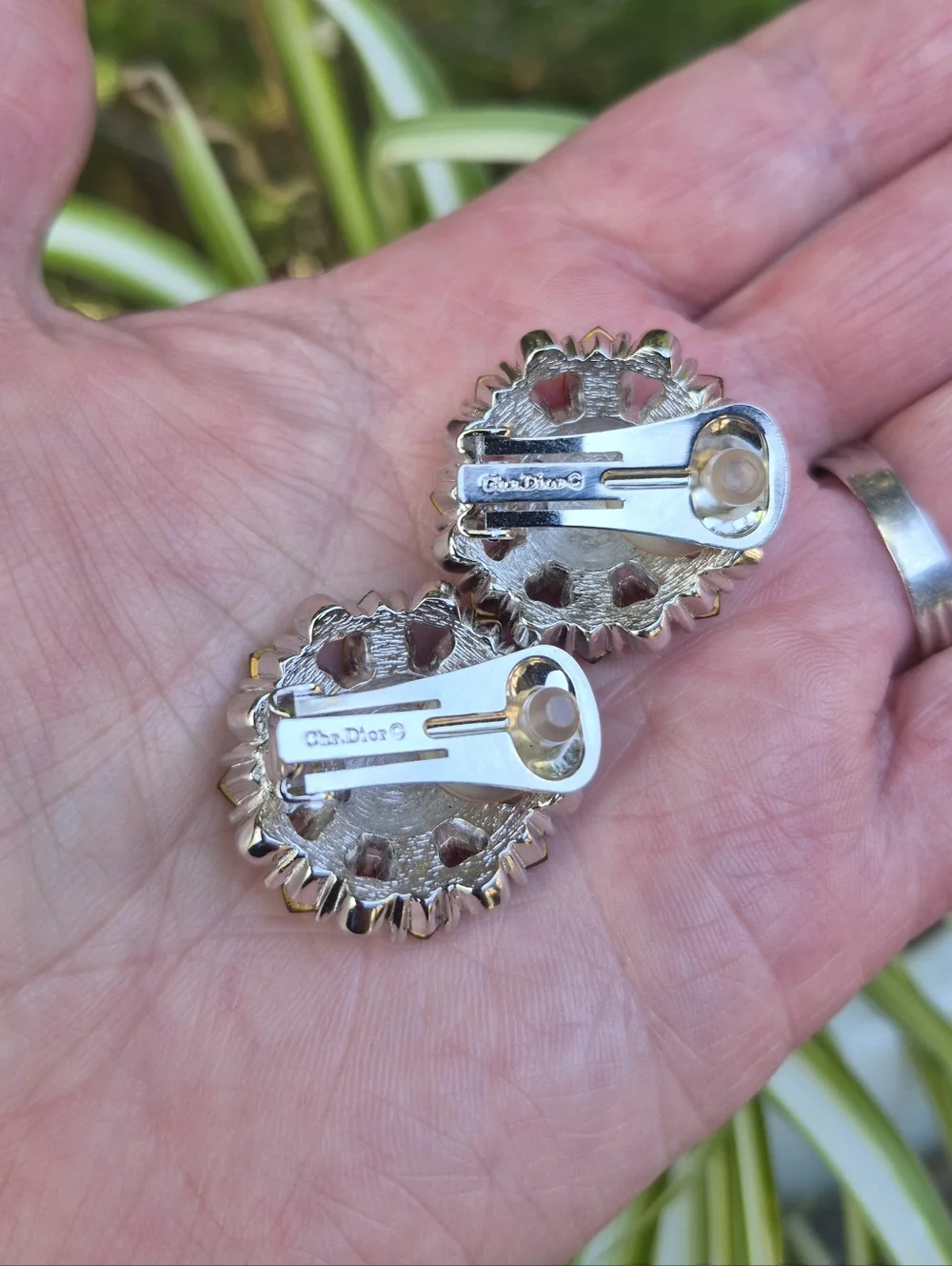 Vintage Christian Dior Large Red Rhinestone Clear Crystal Clip On Earrings - Picture 7 of 7